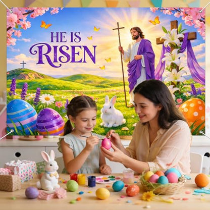 IVN He Is Risen Easter Banner 71x43 Inch Christian Jesus Cross Lilies Eggs - color: He Is Risen Jesus Cross Religious Easter