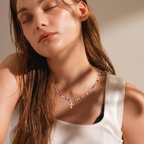 Colorful Beaded Cross Necklace for Girls Women, 14K Gold Plated Pendant Baptism Birthday Christian Religious Confirmation Trendy Stuff Gift 16+3 Inches - color: Gold, style: Bead