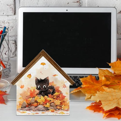 Cute Fall Decor, Black Cat Maple Leaves House Shaped Wood Sign - color: Cat