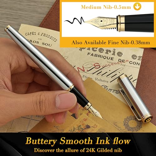 BEILUNER Silver Chrome Fountain Pen,Stunning Luxury with 24K Gold Accents, Gorgeous 24K Gilded Nib(Medium), Fancy Pen Gift for Men&Women -Ink Converter-Elegant, Office,Nice Pen for Writing - color: Silver Chrome and Gold Finish, style: Medium Nib