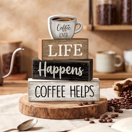 Moucuny 4 Pcs Wooden Coffee Bar Signs Farmhouse Table Decor Blocks - style: Coffee Lover