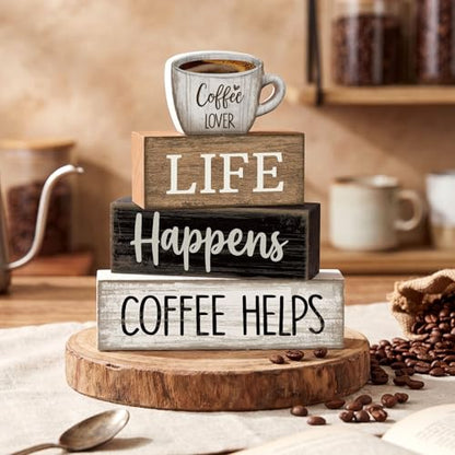 Moucuny 4 Pcs Wooden Coffee Bar Signs Farmhouse Table Decor Blocks - style: Coffee Lover
