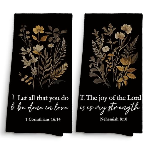 Vintage Black Botanical Christian Bible Verse Kitchen Towels 16x24 Set of 2, Floral Flower Scripture Dish Towels Cloths Dishcloths Tea Towel, Corinthians Bathroom Kitchen Hand Towel Decor - color: Black