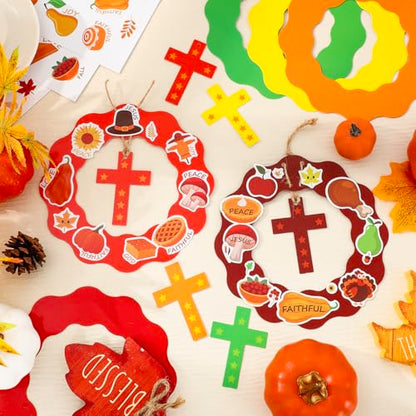 JarThenaAMCS 30 Set Fall Thanksgiving Wreath Craft Kit Autumn Christian DIY Crafts Make Your Own Wreath Cross Stickers Rope Hanging Ornament for Arts Activities Home Decorations