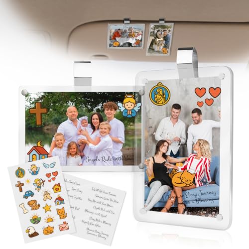 2Pcs Car Picture Holder for Sun Visor,Clear Acrylic & Strong Magnetic Car Visor Photo Clip with Safe Driving &Guardian Icons Stickers, Cute Car Accessories,Gift for Family & Friends (2.8x4.7) - size: 2.8x4.7