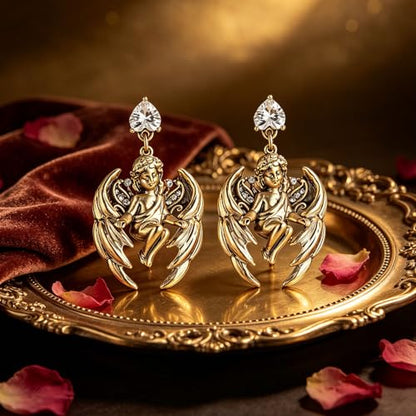 HZMAN Vintage Angel Dangle Earrings for Women, Brass Drop Earrings with Pear Cut Cubic Zirconia, Retro Baroque Religious Jewelry Gift