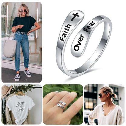 STROLLGIRL 925 Sterling Silver Faith over Fear Ring Faith Religious Jewelry Quote Ring Friend Daughter Gifts