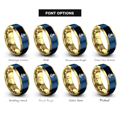 Gift for Nautical Fan - Anchor With Rope Ring - Men Women - Tungsten - Flat Dome Bevel - Band - Yellow Gold Black Silver Blue - Anniversary Wedding - 8mm - Brushed Polished - Personalized Custom Engra - color: 13 - Yellow Gold Blue Tungsten