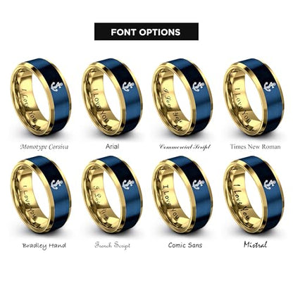 Gift for Nautical Fan - Anchor With Rope Ring - Men Women - Tungsten - Flat Dome Bevel - Band - Yellow Gold Black Silver Blue - Anniversary Wedding - 8mm - Brushed Polished - Personalized Custom Engra - color: 13 - Yellow Gold Blue Tungsten