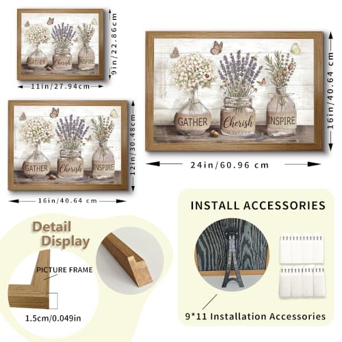 Gather Cherish Inspire Wall Art, Rustic Glass Vase with Hydrangea and Lavender, Butterfly Nature Print, Cottagecore Living Room Decor, Wood Grain Solid Pine Frame, No Drill Adhesive Strips Included - color: Gather Cherish Inspire Dried Vase Print, size: 1