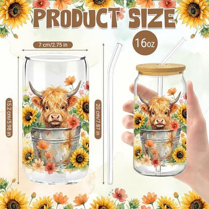 Glass Cups with Lids and Straws, 6Pack, 16oz, Sunflower Farmhouse - style: Highland Cow