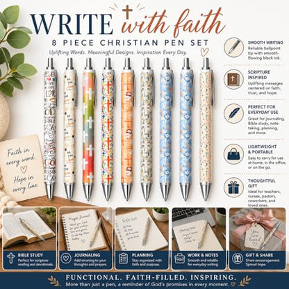 8PC Christian Pens Aesthetic Black Ink Inspirational Faith Trust Devotional Motivational Pray Pen Scripture Uplifting Sayings Bible Study Supplies Writing Journaling Gifts For Men Women Teachers - style: Christian