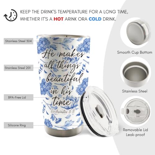 Blue Floral Christian Bible Verse 20oz Travel Coffee Mug Tumbler - color: makes