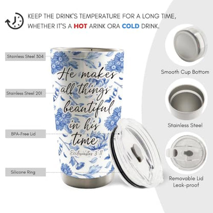 Blue Floral Christian Bible Verse 20oz Travel Coffee Mug Tumbler - color: makes