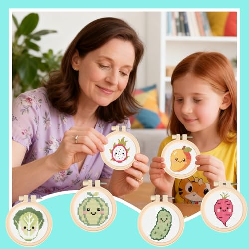 57lilina Easy Embroidery Kit for Kids Beginners, 6 Set Cute Stamped Pattern - color: Mango+Dragon Fruit+Cucumber+Sweet Potato+Cantaloupe+Cabbage