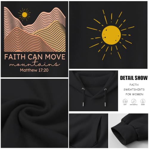 Christian Bible Verse Hoodie For Women Faith Can Move Mountains Sweatshirt Religious Sun And Mountain Graphic Hoodie - color: Black, size: Large