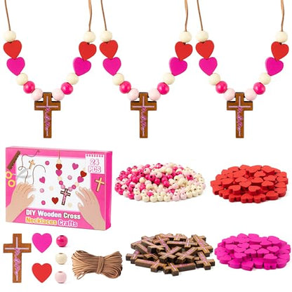 BeYumi Mother's Day Necklace Craft - 24Pcs Mother's Day DIY Wooden Cross Beads Necklace Craft Kit for Kids to Mom Gift Christian Religious Decor Family Sunday School Classroom Party Fun Activities - style: Mom