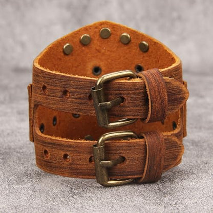 GelConnie Punk Leather Cuff Bracelet Adjustable Straps Wrap Bracelets Arm Armor Cuff Gothic Leather Wristbands for Men, Women - color: MLPB111-Brown