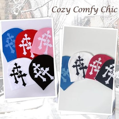 Fashion Knit Beanie with Cross Pattern Y2K Unisex Soft Jacquard Cap Popular Hip-Hop Cool Street Outdoor Sports Earflap Hat - color: White