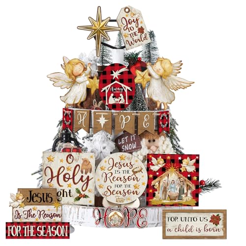 Vercraft Christmas Tiered Tray Decor Xmas Wooden Table Decor, Nativity - style: Nativity Scene
