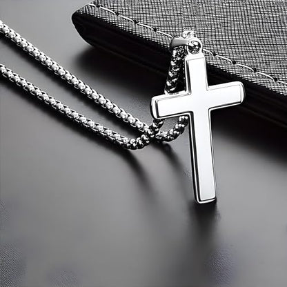 MGOOL Son Gifts From Mom To My Son Necklace From Dad Faith Cross Necklace Present Graduation Birthday Gifts Message Card＆LED Gift Box - color: SN928-Silver Led Box