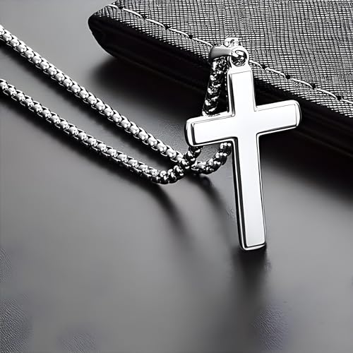 MGOOL Son Gifts From Mom To My Son Necklace From Dad Faith Cross Necklace Present Graduation Birthday Gifts Message Card＆LED Gift Box - color: SN928-Silver Wooden Led Box