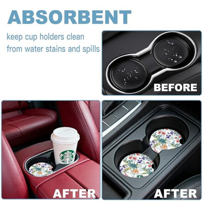 Ceramic Car Cup Holder Coasters Set of 2, 2.56 in Trumpet Flower - color: Colorful Trumpet Flowers