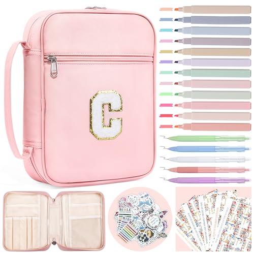 WOBAGMEN Bible Cover for Women,Pink PU Leather Personalized Bible Case with Bible Study Supplies,Including Tabs and Highlighter Set, Faith Chiristain Gift for Women Girls(Pink, C) - size: C
