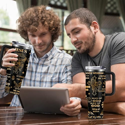 Christian Man Of God Tumbler for Men Jesus Religious Stainless Steel Insulated Coffee Cup God Mug 40oz with Handle and Straw Keeps Drinks Cold & Hot - color: Christian/Goose