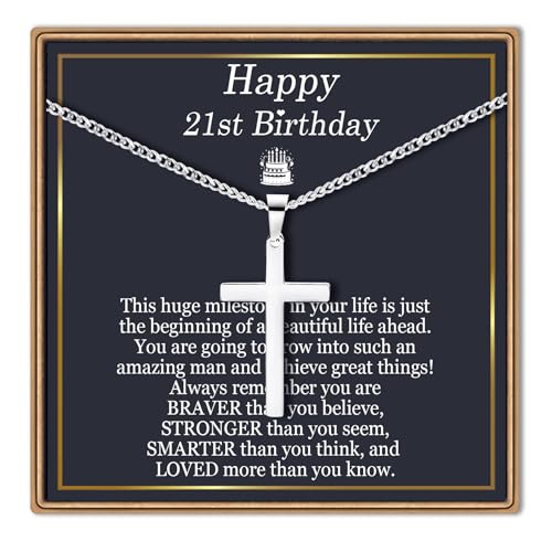 EPIRORA 10/11/12/13/14/15/16/17/18/19/20th 21st Birthday Gifts for Men Boys, Stainless Steel Chain Silver Cross Necklace Jewelry Presents for Son Grandson Nephew Brother - style: 21st Bday