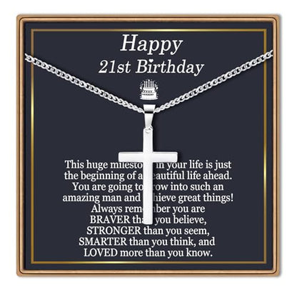 EPIRORA 10/11/12/13/14/15/16/17/18/19/20th 21st Birthday Gifts for Men Boys, Stainless Steel Chain Silver Cross Necklace Jewelry Presents for Son Grandson Nephew Brother - style: 21st Bday