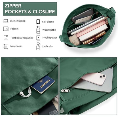 KALIDI Canvas Tote Bag Zipper Large Crossbody Shoulder Bag Messenger Bag - color: Alpine Green