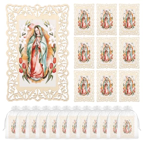 12 Pcs Our Lady of Guadalupe Wooden Picture Frames with Organza Gift Bags, Holy Prayer Cards First Communion Christening Memorial Engrave Baptism Favors for Guests, Catholic Gifts