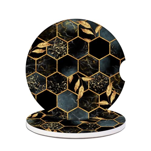 Cup Holders Car Coasters - Black Marble Leaves Absorbent Ceramic Coaster, Drink Cup Holder Coasters, Auto Accessories for Women & Men, Pack of 2 - color: Black Marble Leaves