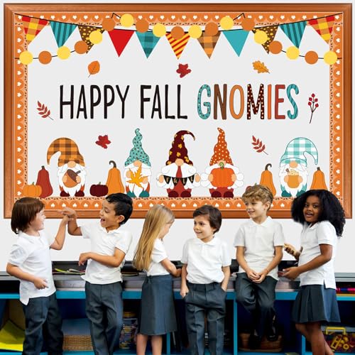 ojustbeok Fall Bulletin Board Decorations Fall Gnomes Bulletin Board Set Maple Leaves Paper Cutouts Autumn Pumpkin Thanksgiving Cutouts for School Classroom Supply Home Wall Decor - style: Fall Gnomes