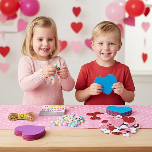 BeYumi Valentines Necklace Craft Kit - 24Pcs Valentine's Day Christian Heart Felt Jesus Loves Me Necklace Making Kits With Gem Stickers DIY Religious Craft for Kids Sunday School Classroom Party Favor - style: Jesus Loves Me