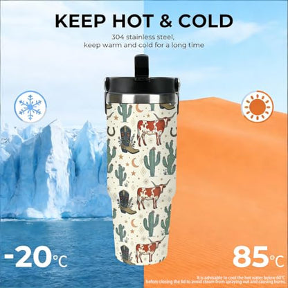 30 oz Cow Print Western Tumbler with Handle and Straw, Stainless Steel Vacuum Insulated Travel Mug, Water Bottle, Western Travel Mug,Cow Coffee Mugs for Women - color: cow travel mug
