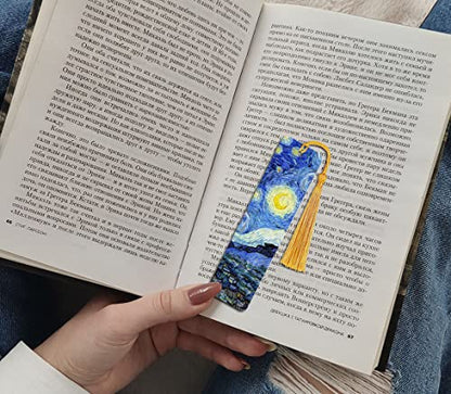 WIRESTER Set of 2 Metal Bookmarks with Light Gold Tassel for Students, Reader, Teachers, Book Lovers - The Starry Night Van Gogh, Cafe Terrace At Night Van Gogh - color: The Starry Night Van Gogh, Cafe Terrace at Night