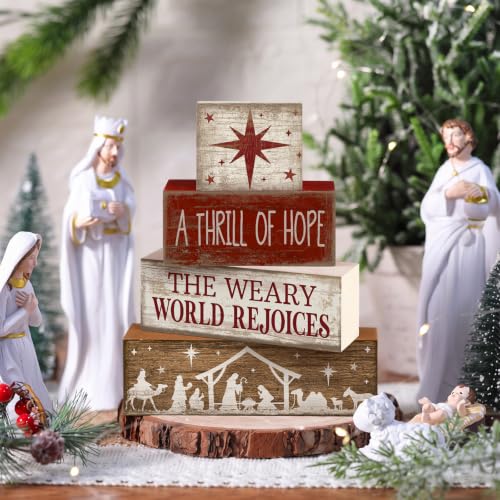 Lineshading 4 Pcs Christmas Table Decorations, Nativity Star Wooden Signs - style: A Thrill of Hope