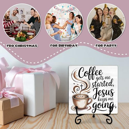 Coffee Gets Me Started Jesus Keeps Me Going Cross and Cup Wooden Sign Decor, Rustic Wooden Plaque Sign With Iron Stand, Christian Home Office Bar Desk Shelf Decorations - style: Coffee-A