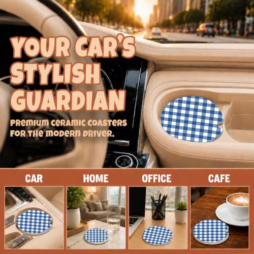 Blue Buffalo Plaid Car Coasters Set of 2, Coquette Preppy Cup Holders, 02 - color: Blue Buffalo Plaid
