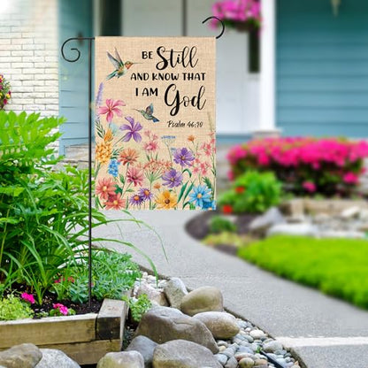 WATINC Christian Hummingbird Flower Garden Flag - 12 x 18 Inch Linen Religious Be Still and Know That I am God Yard Flag for Outside, Spring Summer Double Sided House Outdoor Decor for Porch Lawn