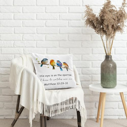 Christian Bird Pillow Cover 18x18, His Eye is on The Sparrow Matthew 10:29-31 Bible Verse Religious Decorative Throw Pillow Covers Cases for Church Prayer Room Home Living Room