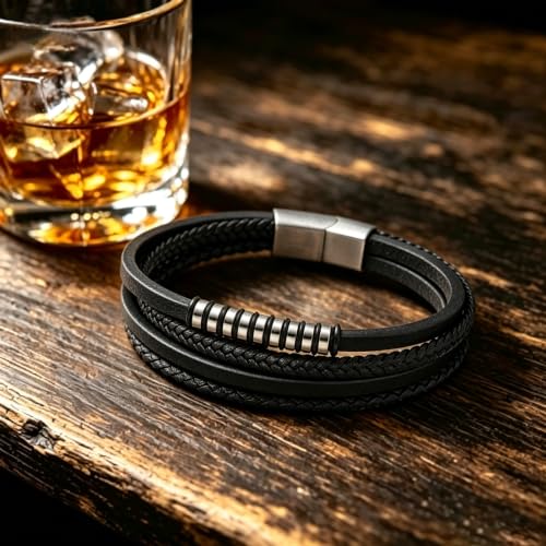 Kim Carrey Italian Handmade Leather Bracelets for Men - color: Thin Black, size: 8.2"