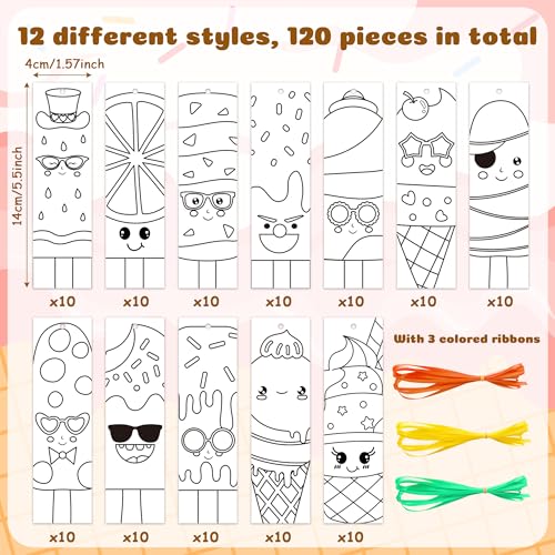 120Pcs Ice Cream Color Your Own Bookmarks - Summer Ice Cream Popsicle DIY Coloring Blank Bookmarks for School Classroom Rewards Reading Activity Gifts Crafts Birthday Party Favors Supplies - style: Ice Cream
