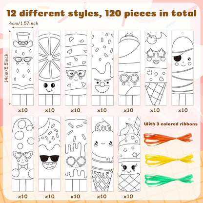120Pcs Ice Cream Color Your Own Bookmarks - Summer Ice Cream Popsicle DIY Coloring Blank Bookmarks for School Classroom Rewards Reading Activity Gifts Crafts Birthday Party Favors Supplies - style: Ice Cream
