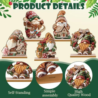 RattanView 5 Pcs Gingerbread Christmas Table Decorations Wooden Ginger Bread Gnome Decor Christmas Table Centerpiece Ginger Bread Village Decorations Xmas Gnome Tiered Tray Decor with Base for Home - style: Gingerbread Gnome