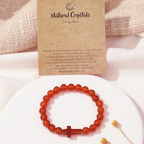 XIANNVXI Crystal Bracelet for Women Men 8 mm Natural Stone Beaded Bracelets Cat Bracelets Cross Bracelets Heart Bracelelt Jewelry for Women Birthday Gifts Stretch Bracelet - color: Red - Red agate