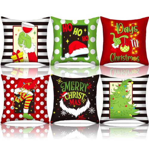 FuWeave 6 Pcs Christmas Pillow Covers 18 x 18 Inch Decorative Lime Green Red Xmas Pillow Cushion Case Pillowcase Square Christmas Pillow Covers for Home Sofa Couch Decorations(Ho Ho Ho) - style: Ho Ho Ho