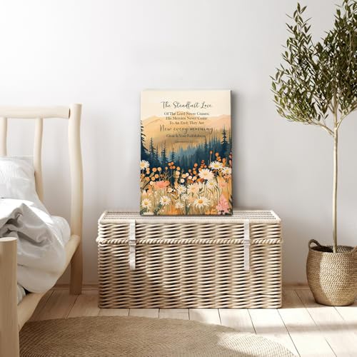 HIWX Christian Floral Wall Decor, Lamentations 3:22-23 Woodland Forest Wildflowers Framed Canvas Painting Wall Art Decor, Bible Verse Wall Art Home Decoration for Home Bedroom Church, 11x14